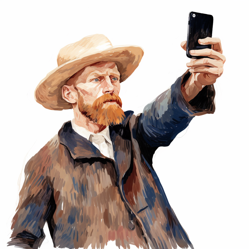 Stylized self-portrait of Van Gogh holding a phone taking a selfie.