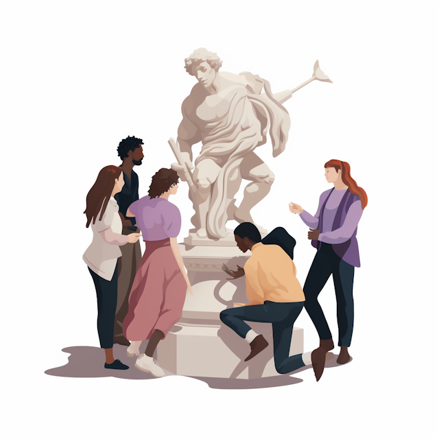 A group of artists gathered around a statue arguing over the design